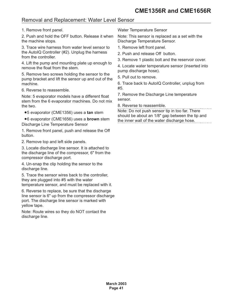Removal and replacement: water level sensor | Scotsman CME1356R User Manual | Page 41 / 47