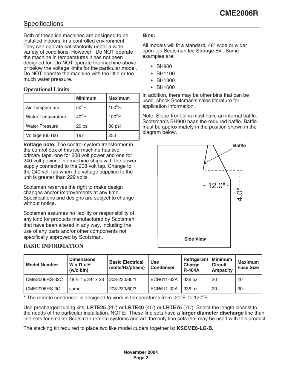 Cme2006r, Specifications | Scotsman CME2006R User Manual | Page 2 / 46