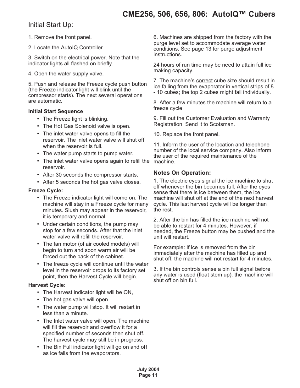 Initial start up | Scotsman CME256 AutoIQ User Manual | Page 11 / 54