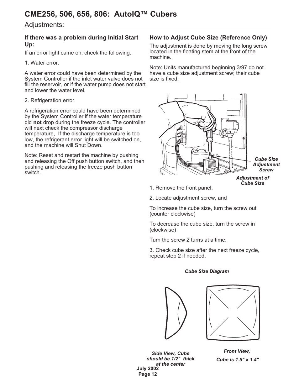 Adjustments | Scotsman CME256 AutoIQ User Manual | Page 12 / 54