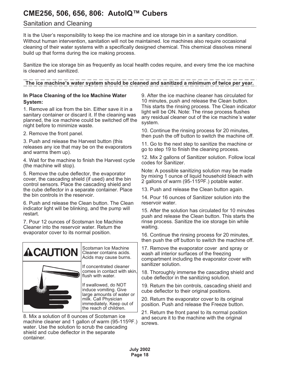 Sanitation and cleaning | Scotsman CME256 AutoIQ User Manual | Page 18 / 54