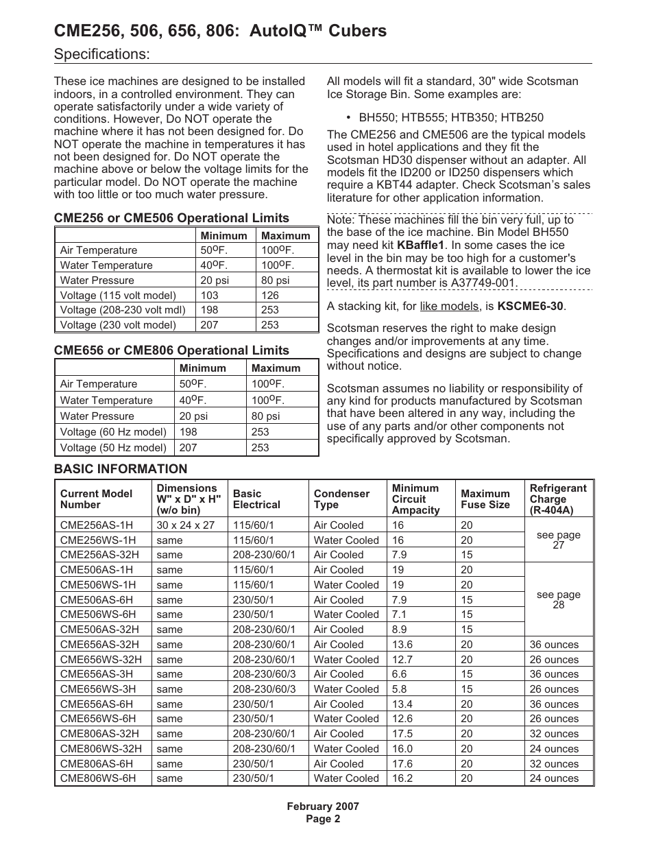 Specifications | Scotsman CME256 AutoIQ User Manual | Page 2 / 54