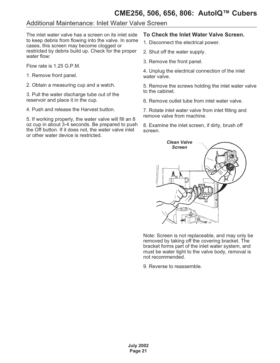 Additional maintenance: inlet water valve screen | Scotsman CME256 AutoIQ User Manual | Page 21 / 54