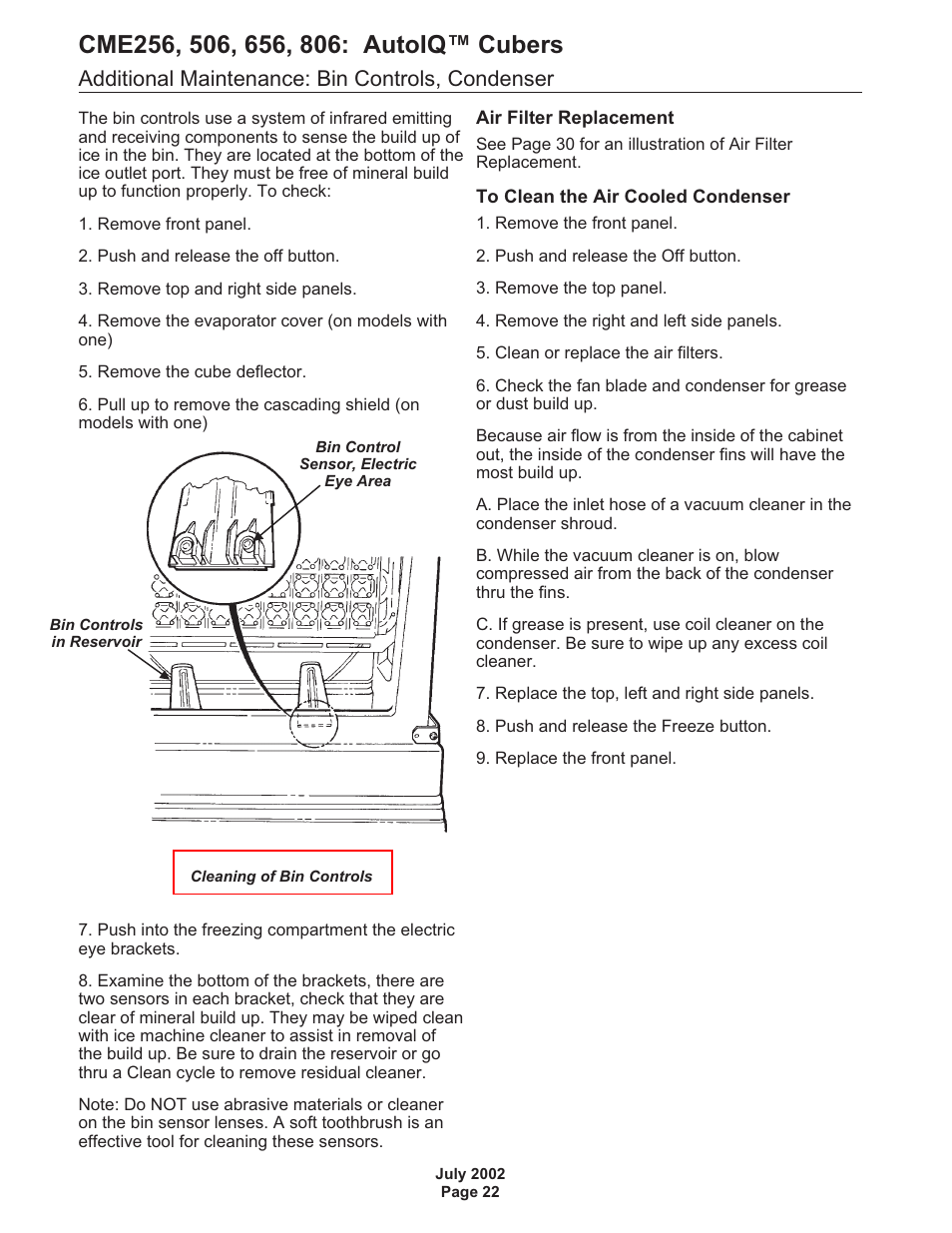 Additional maintenance: bin controls, condenser | Scotsman CME256 AutoIQ User Manual | Page 22 / 54