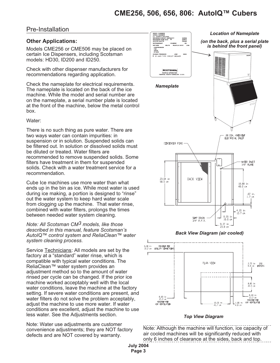 Pre-installation | Scotsman CME256 AutoIQ User Manual | Page 3 / 54