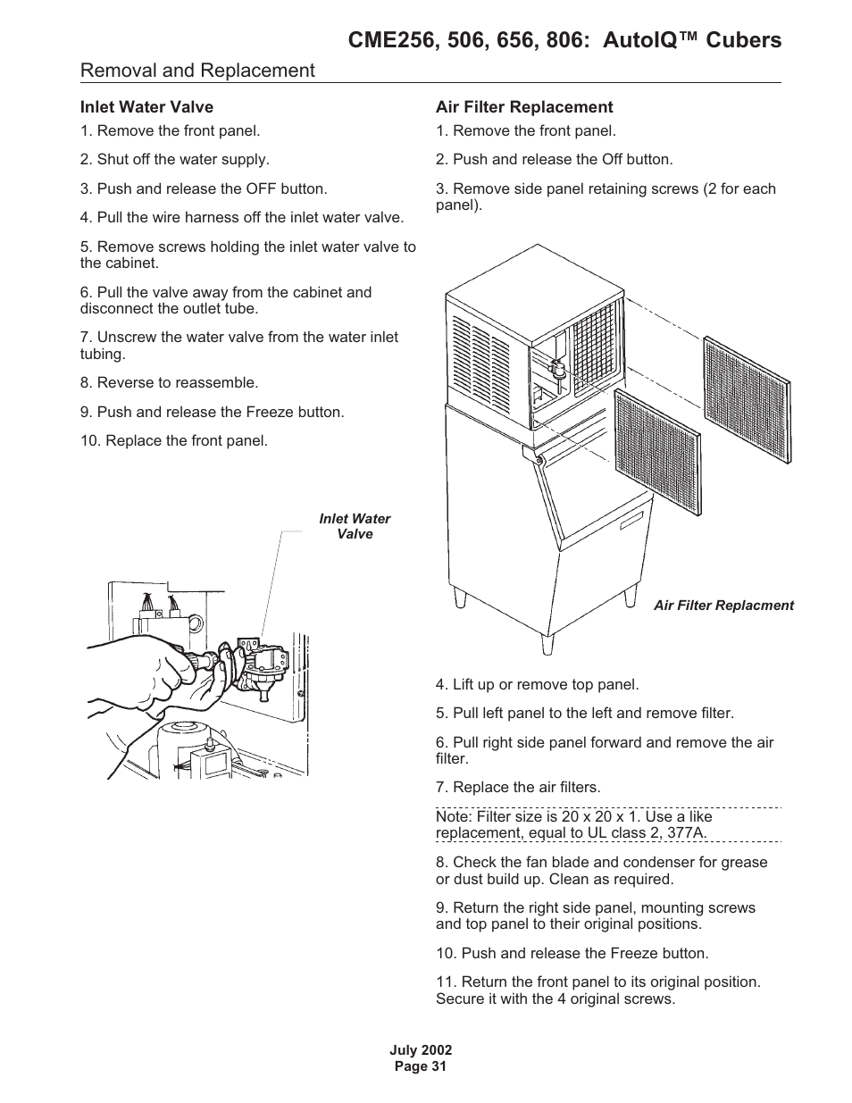 Removal and replacement | Scotsman CME256 AutoIQ User Manual | Page 31 / 54