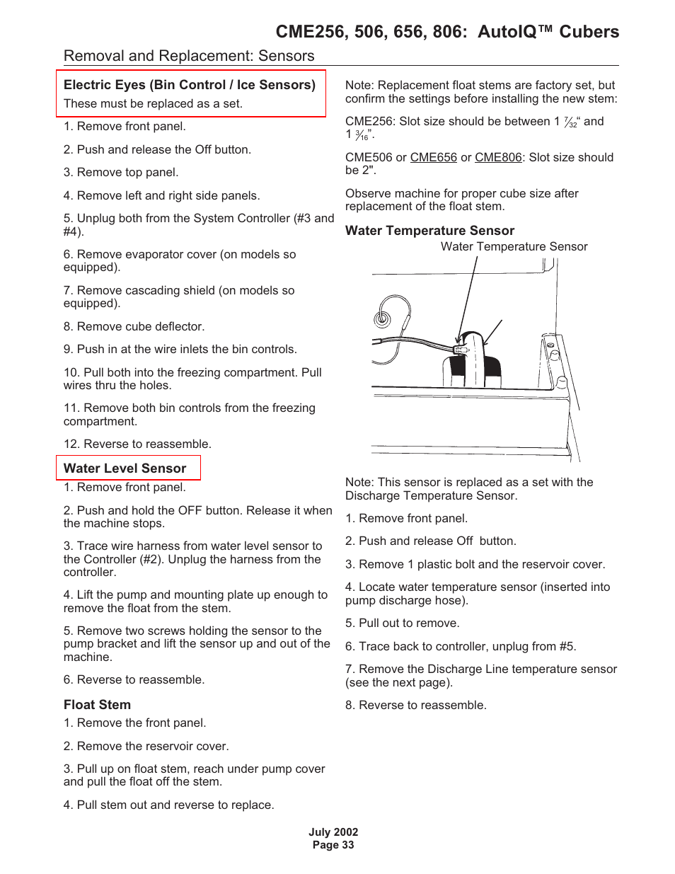 Removal and replacement: sensors | Scotsman CME256 AutoIQ User Manual | Page 33 / 54