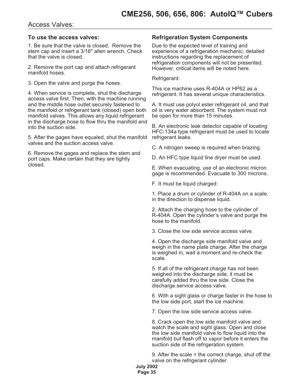 Access valves | Scotsman CME256 AutoIQ User Manual | Page 35 / 54