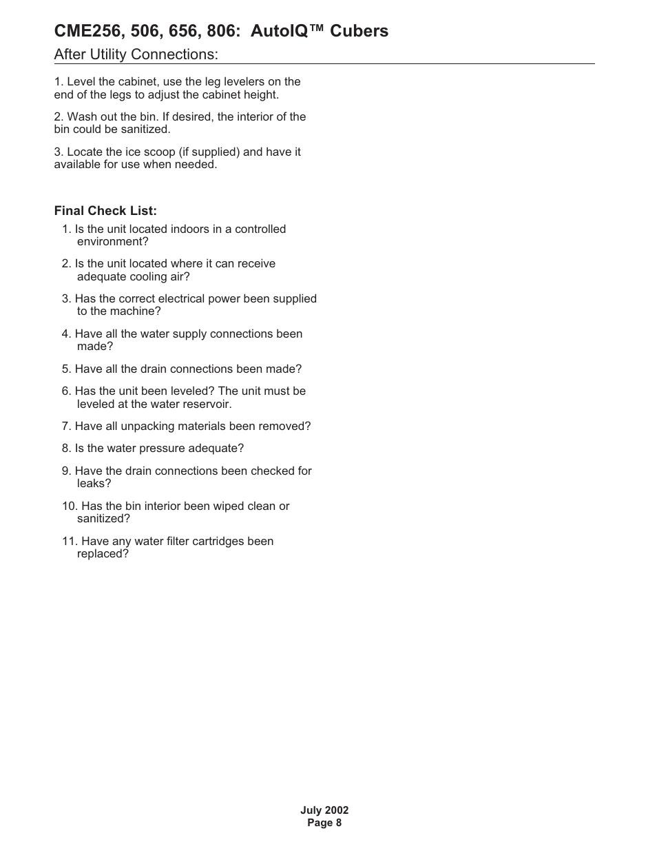 After utility connections | Scotsman CME256 AutoIQ User Manual | Page 8 / 54