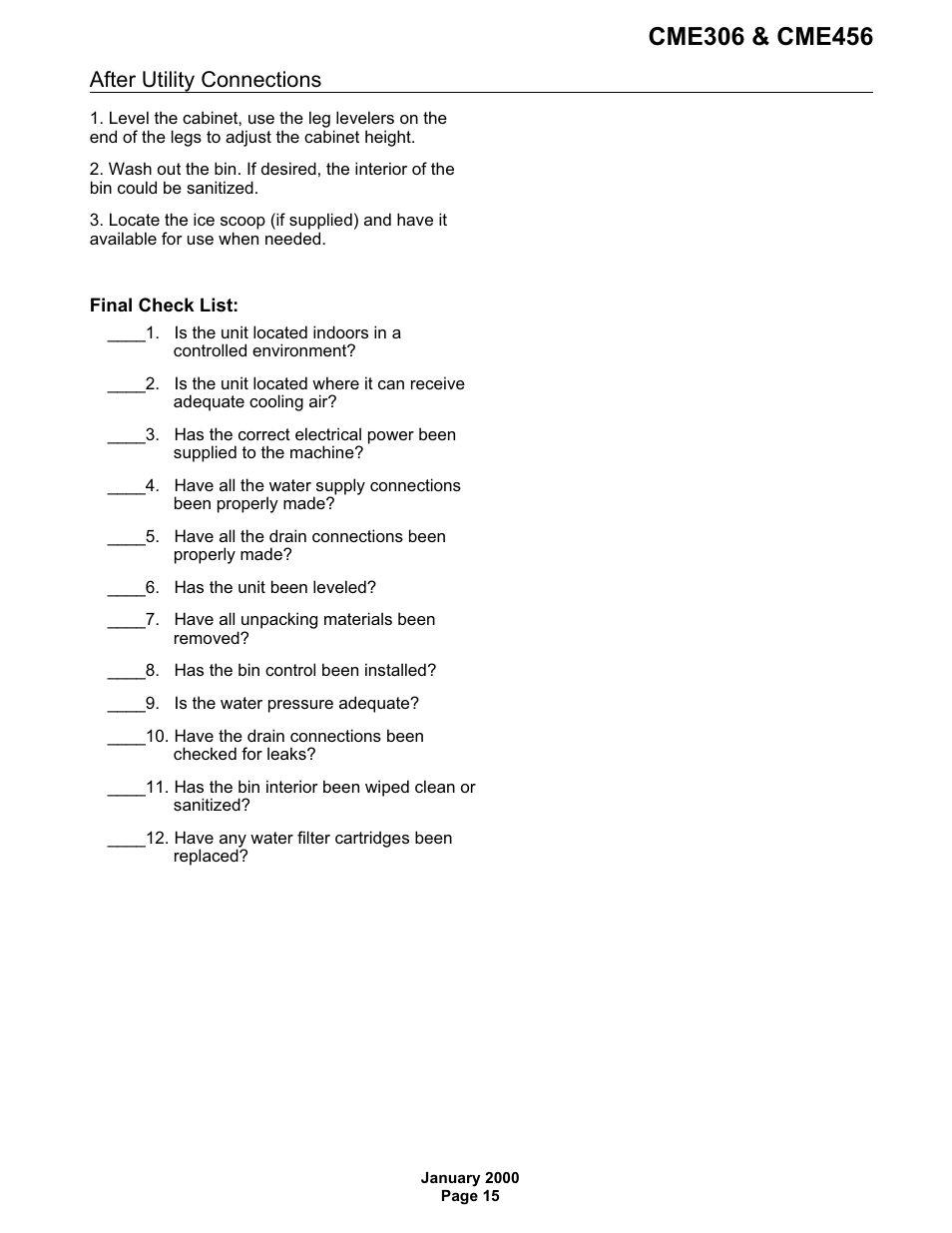 After utility connections | Scotsman CME306 User Manual | Page 15 / 42