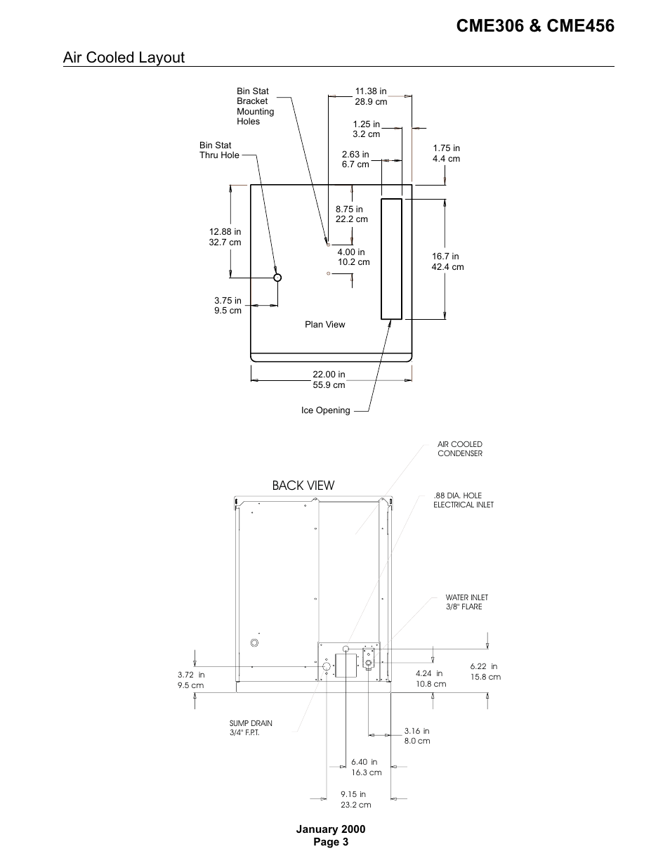 Air cooled layout, Back view | Scotsman CME306 User Manual | Page 3 / 42