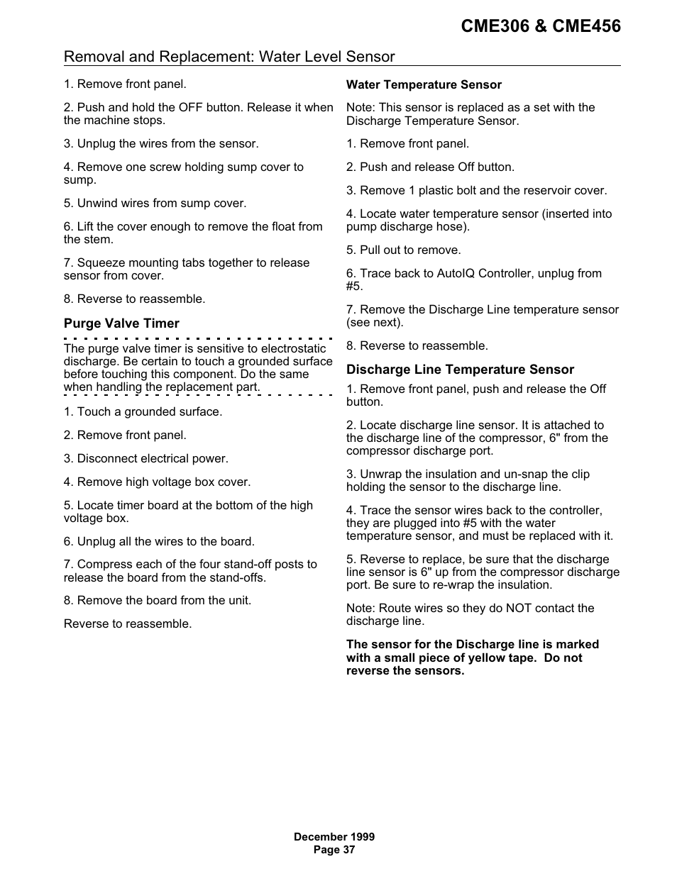 Removal and replacement: water level sensor | Scotsman CME306 User Manual | Page 37 / 42