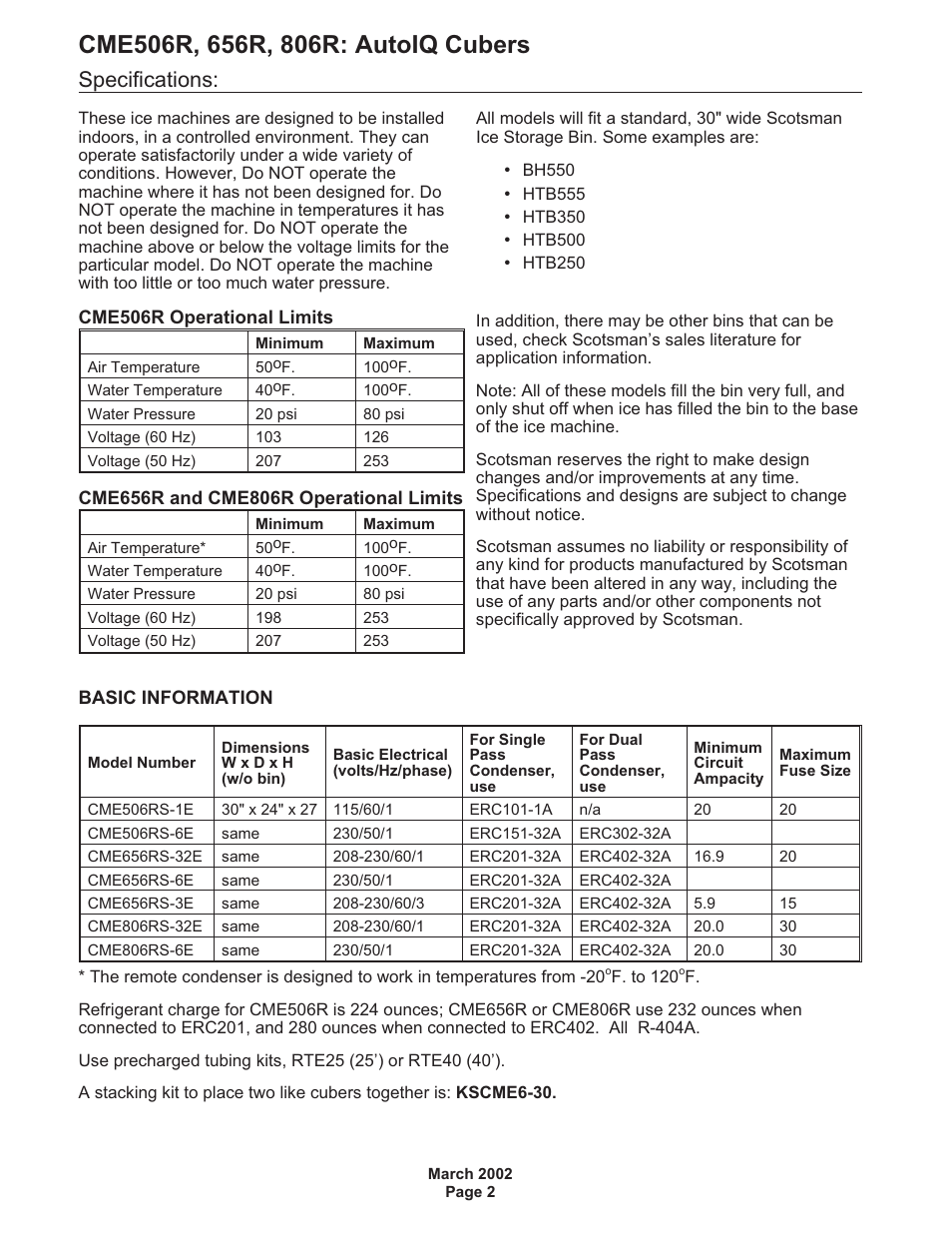 Specifications | Scotsman CME506R AutoIQ User Manual | Page 2 / 43