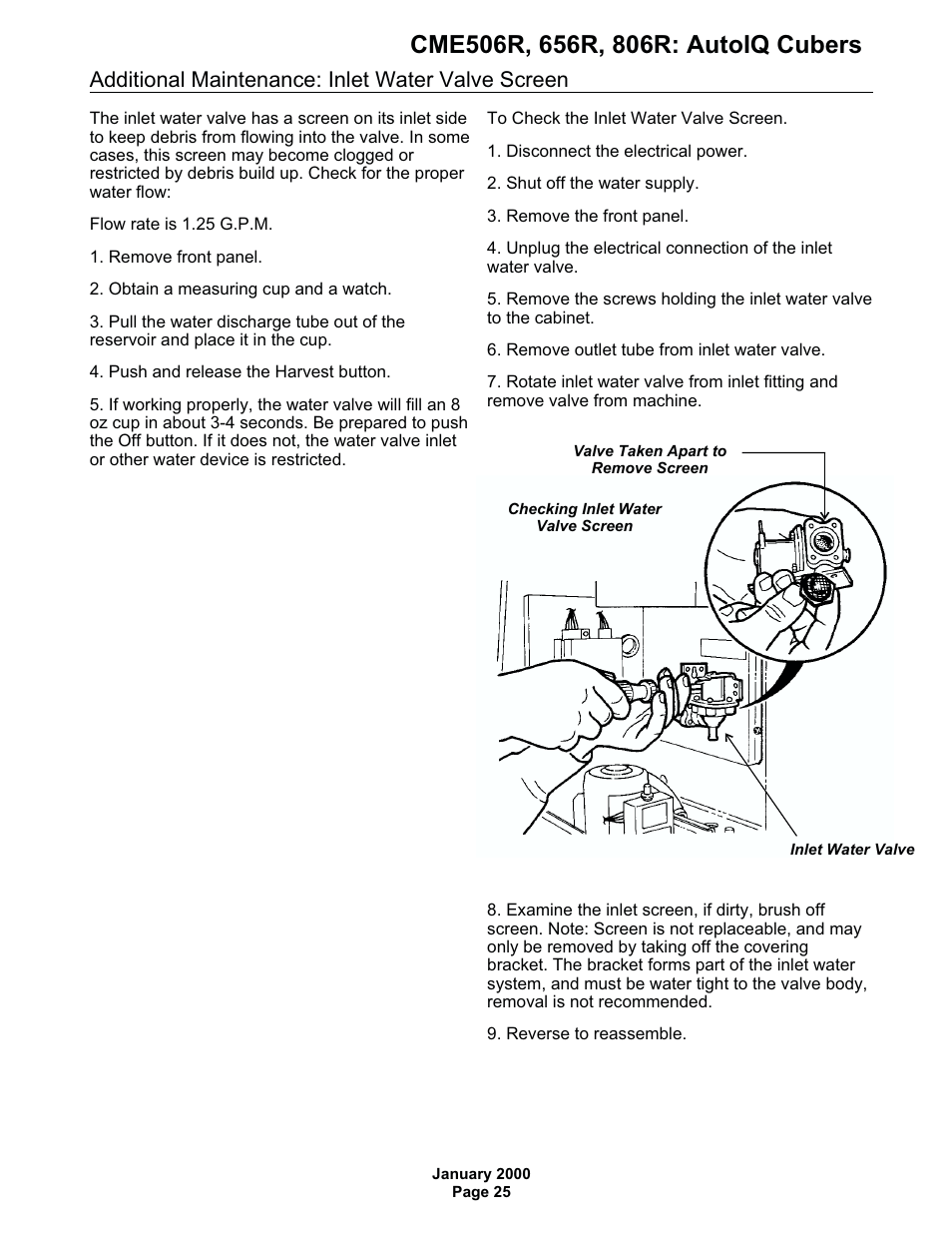 Additional maintenance: inlet water valve screen | Scotsman CME506R AutoIQ User Manual | Page 25 / 43