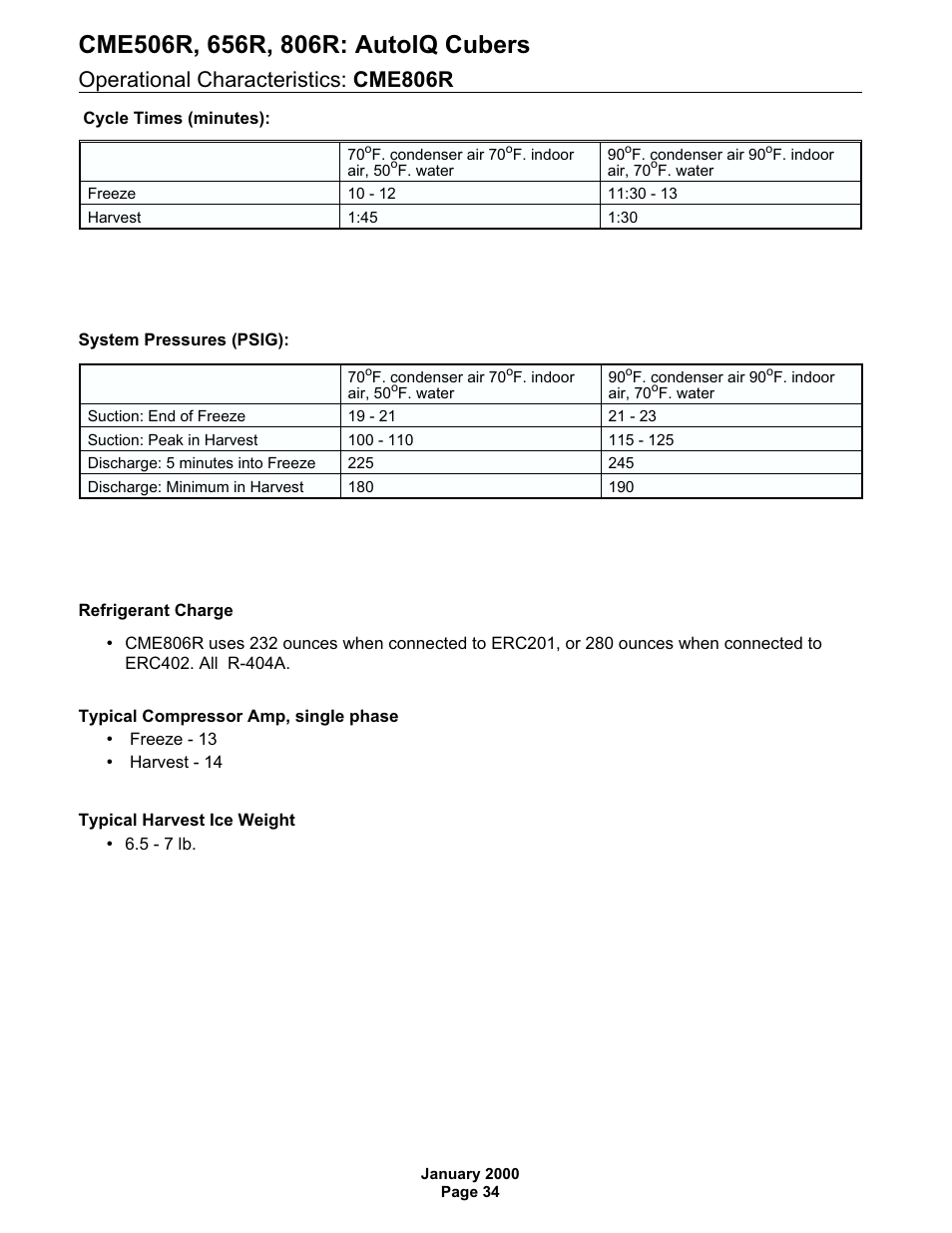 Operational characteristics: cme806r | Scotsman CME506R AutoIQ User Manual | Page 34 / 43