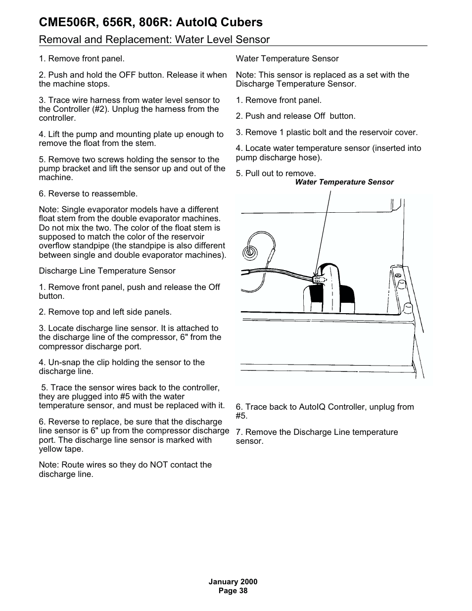 Removal and replacement: water level sensor | Scotsman CME506R AutoIQ User Manual | Page 38 / 43