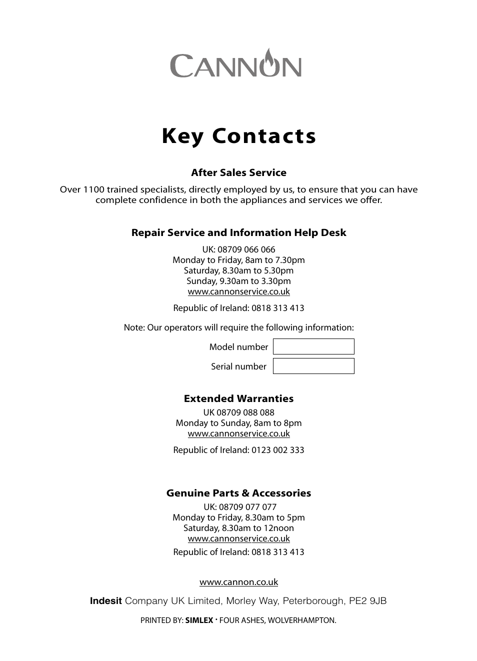 Key contacts | Cannon Professional 60 C60GP User Manual | Page 36 / 36