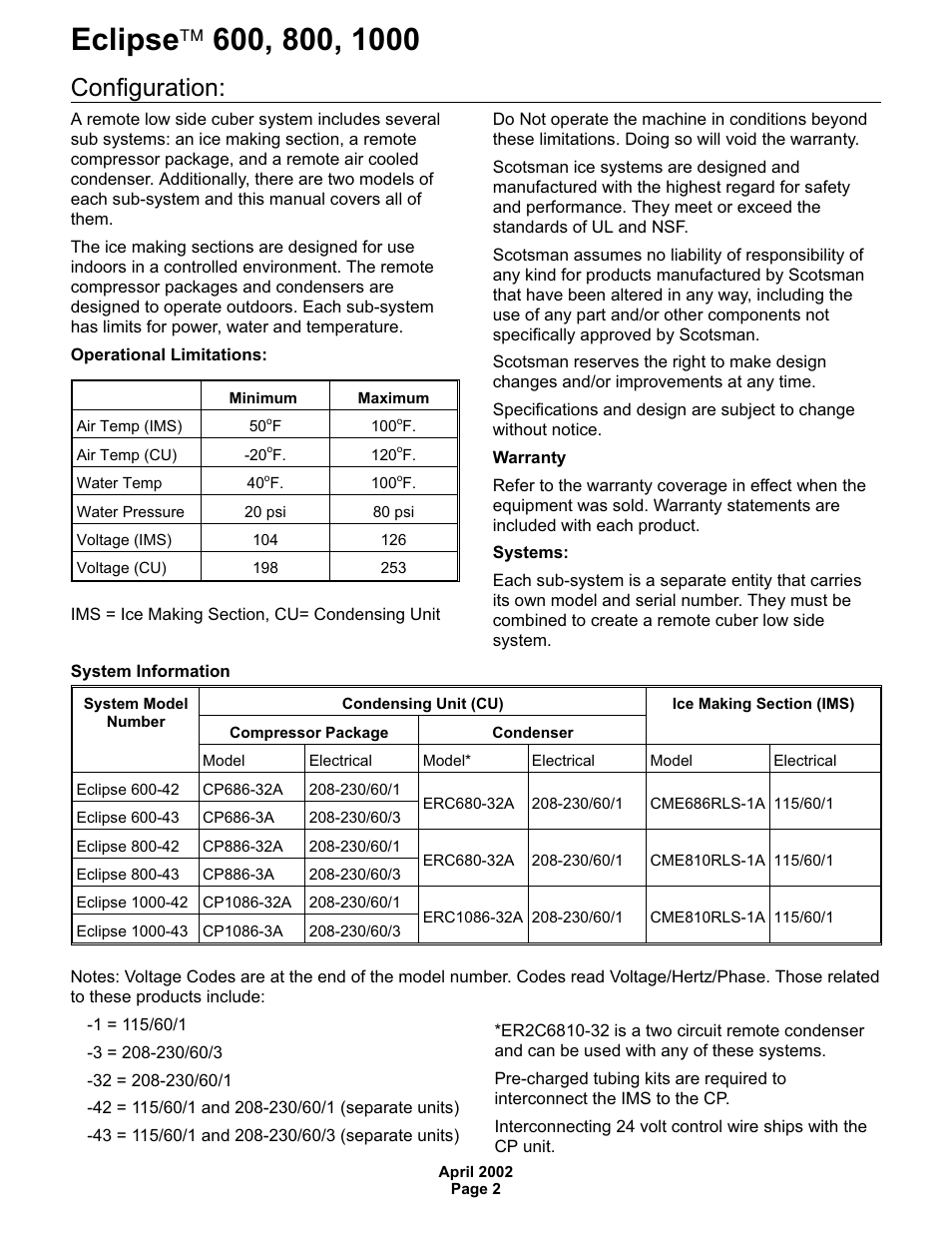 Configuration | Scotsman 600 Eclipse User Manual | Page 2 / 50