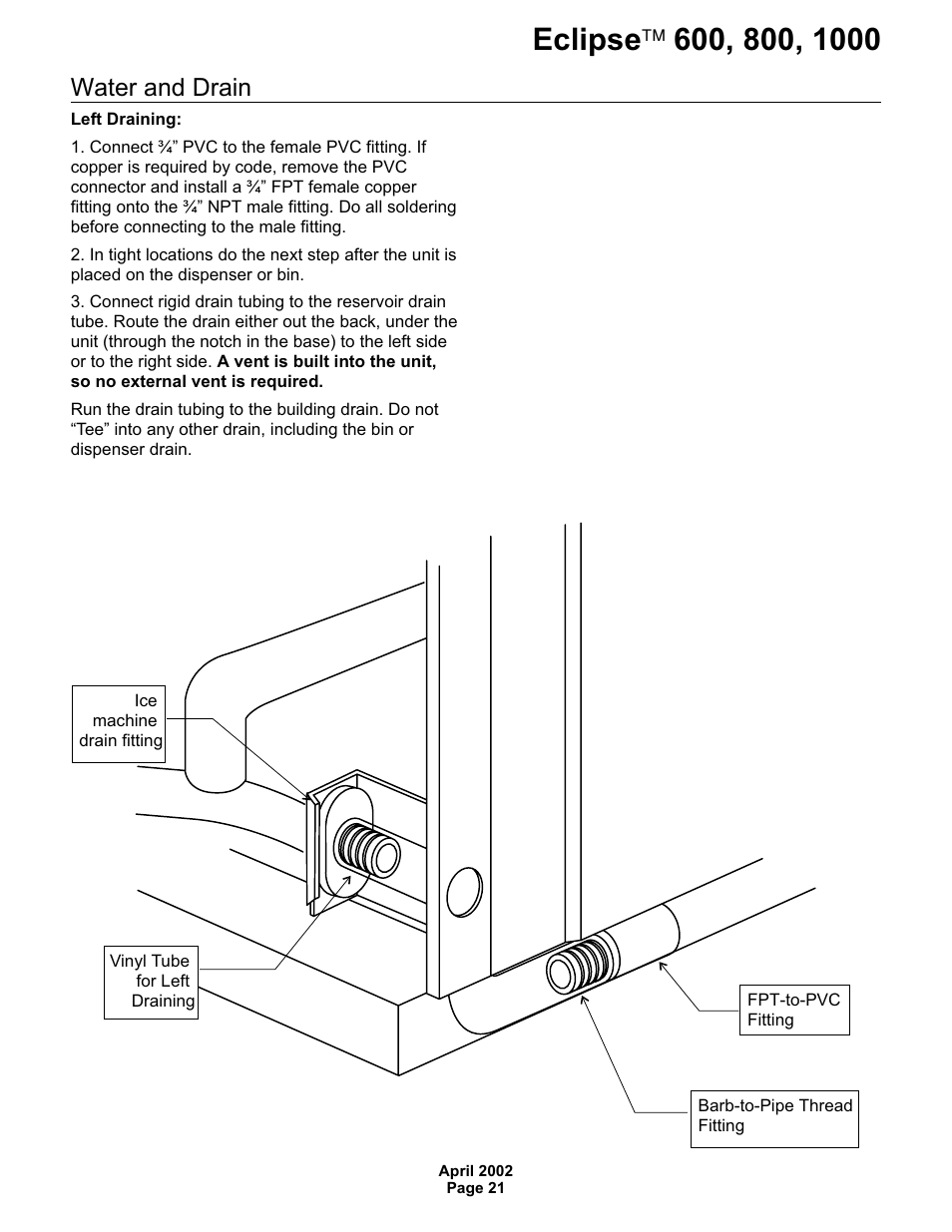 Water and drain | Scotsman 600 Eclipse User Manual | Page 21 / 50