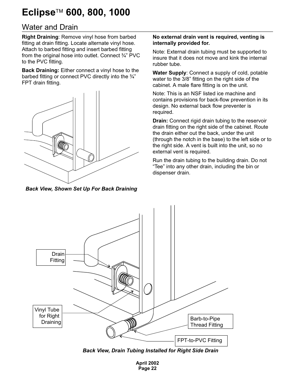 Water and drain | Scotsman 600 Eclipse User Manual | Page 22 / 50