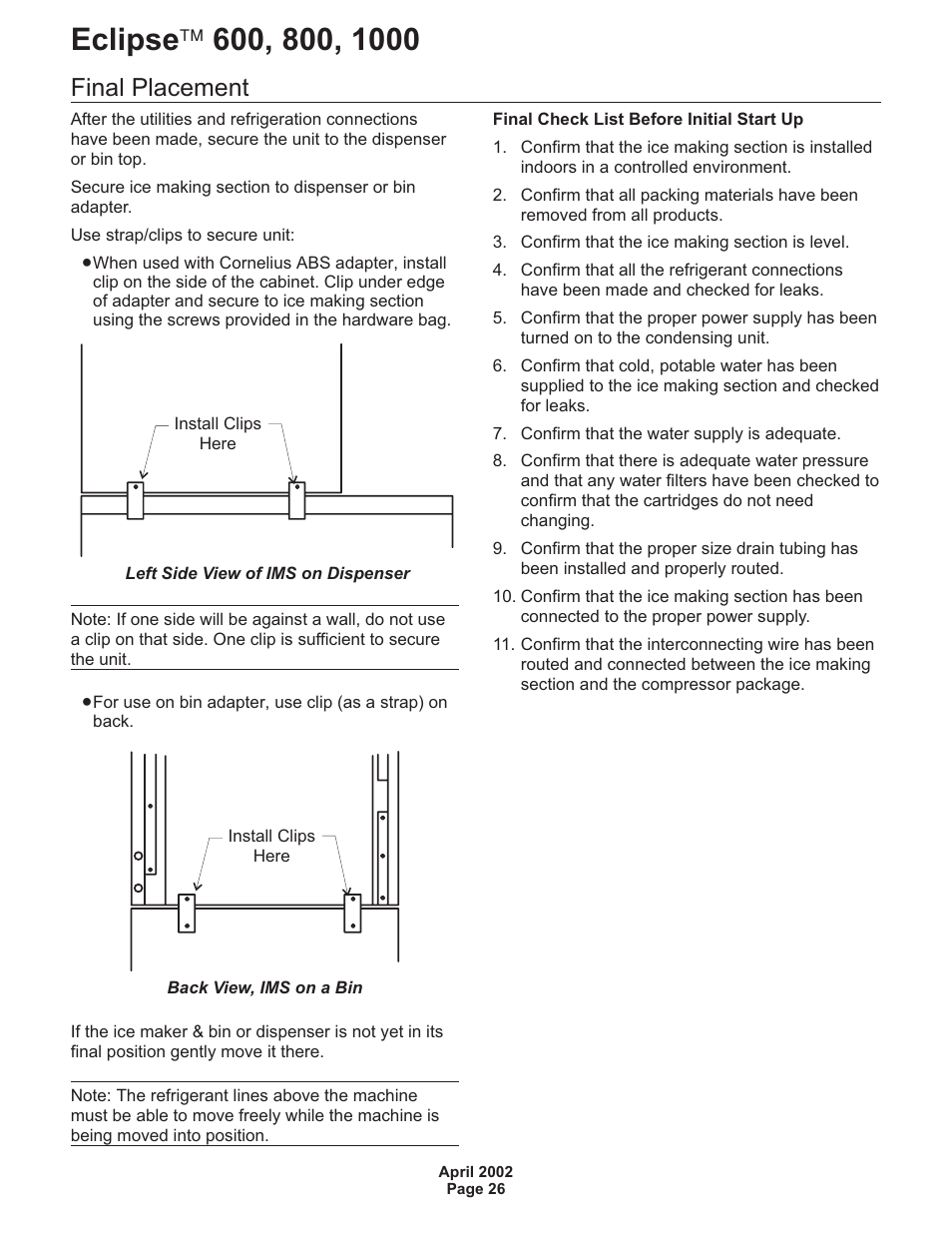 Final placement | Scotsman 600 Eclipse User Manual | Page 26 / 50