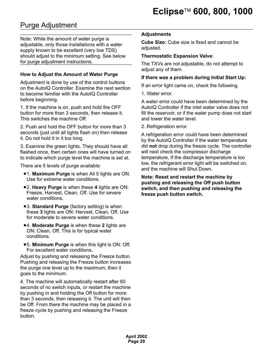 Purge adjustment | Scotsman 600 Eclipse User Manual | Page 29 / 50