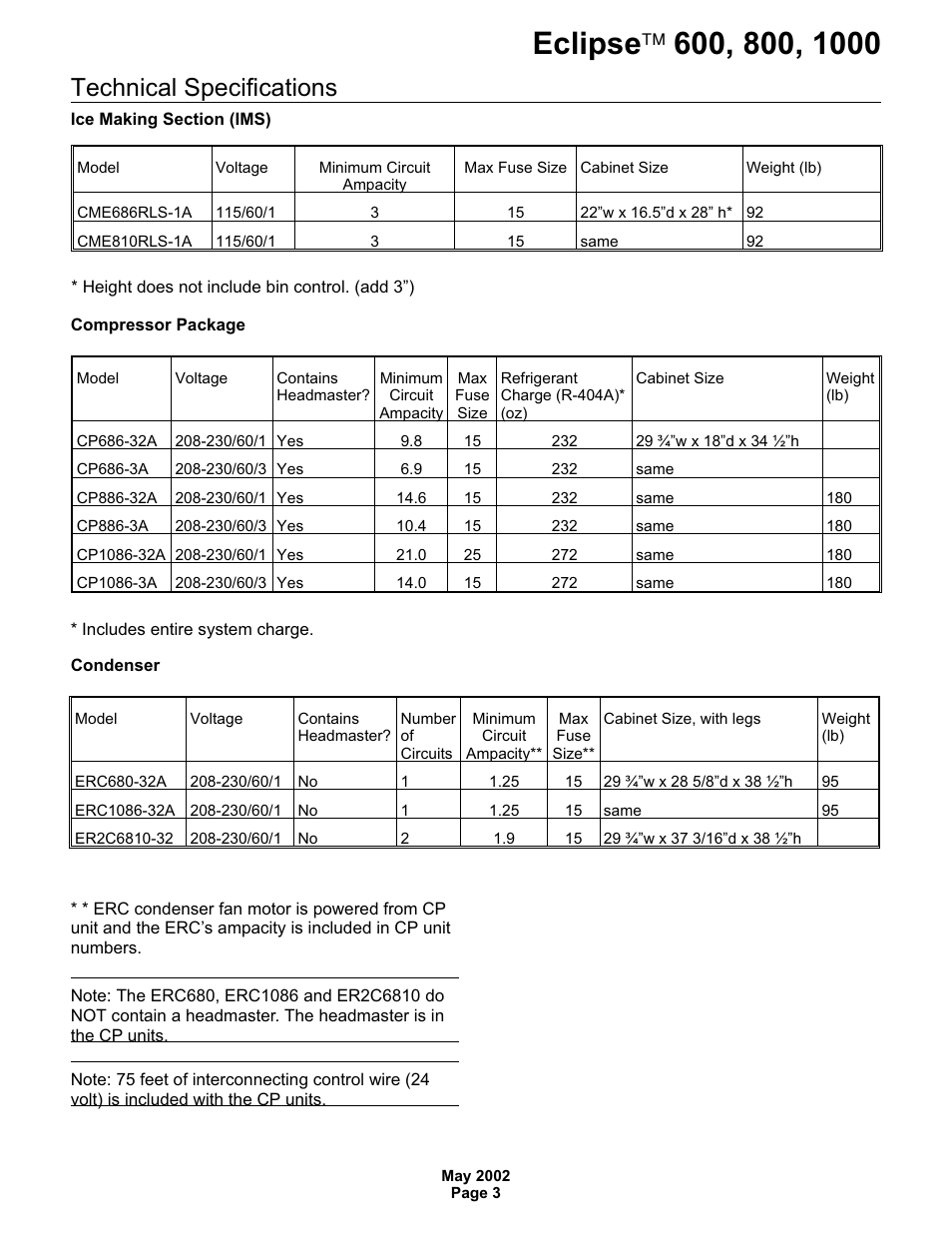 Technical specifications | Scotsman 600 Eclipse User Manual | Page 3 / 50