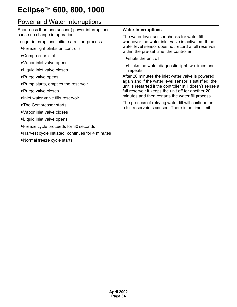 Power and water interruptions | Scotsman 600 Eclipse User Manual | Page 34 / 50