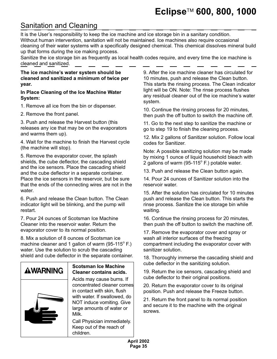 Sanitation and cleaning | Scotsman 600 Eclipse User Manual | Page 35 / 50