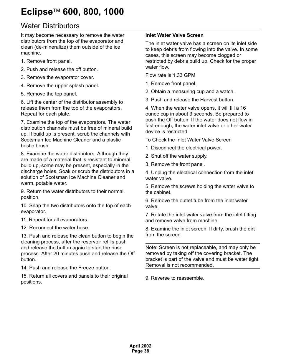 Water distributors | Scotsman 600 Eclipse User Manual | Page 38 / 50