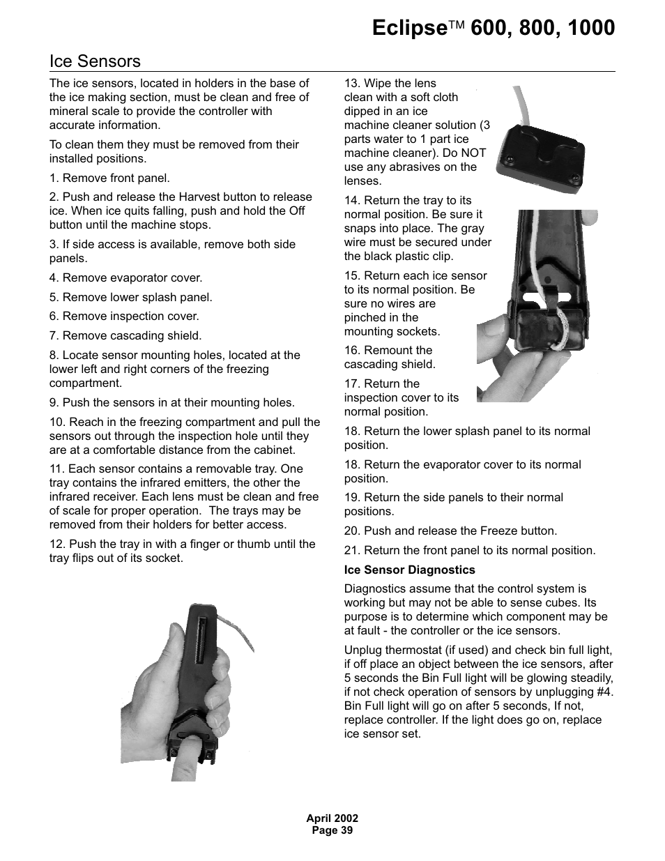 Ice sensors | Scotsman 600 Eclipse User Manual | Page 39 / 50