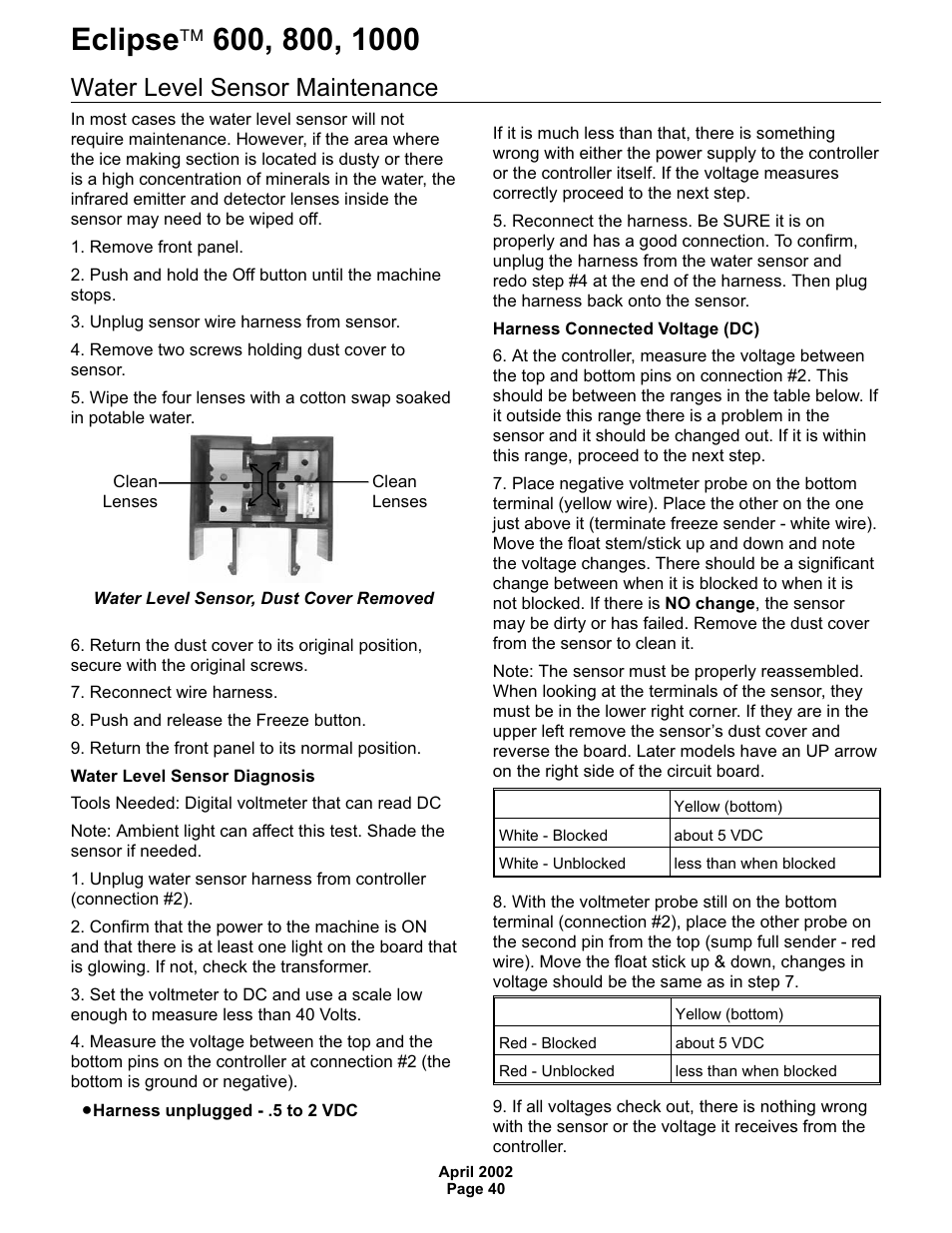 Water level sensor maintenance | Scotsman 600 Eclipse User Manual | Page 40 / 50