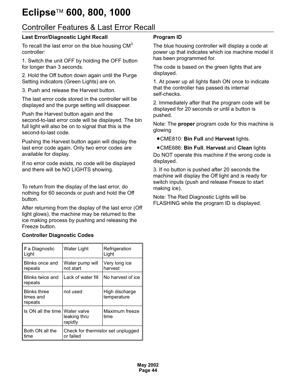 Controller features & last error recall | Scotsman 600 Eclipse User Manual | Page 44 / 50