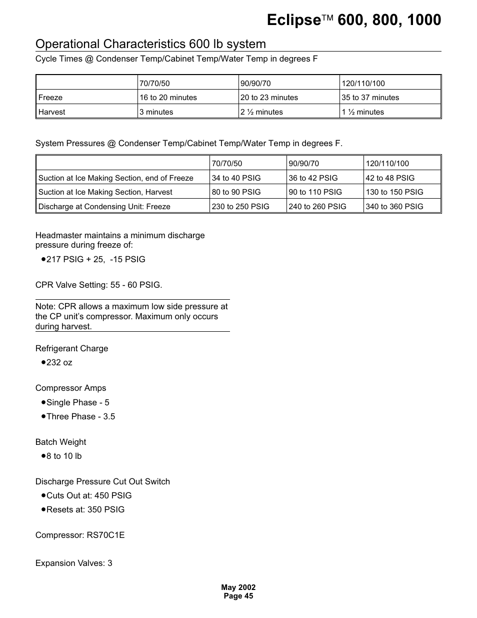 Operational characteristics 600 lb system | Scotsman 600 Eclipse User Manual | Page 45 / 50