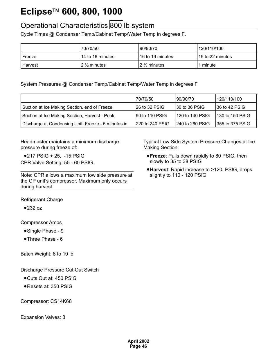 Operational characteristics 800 lb system | Scotsman 600 Eclipse User Manual | Page 46 / 50