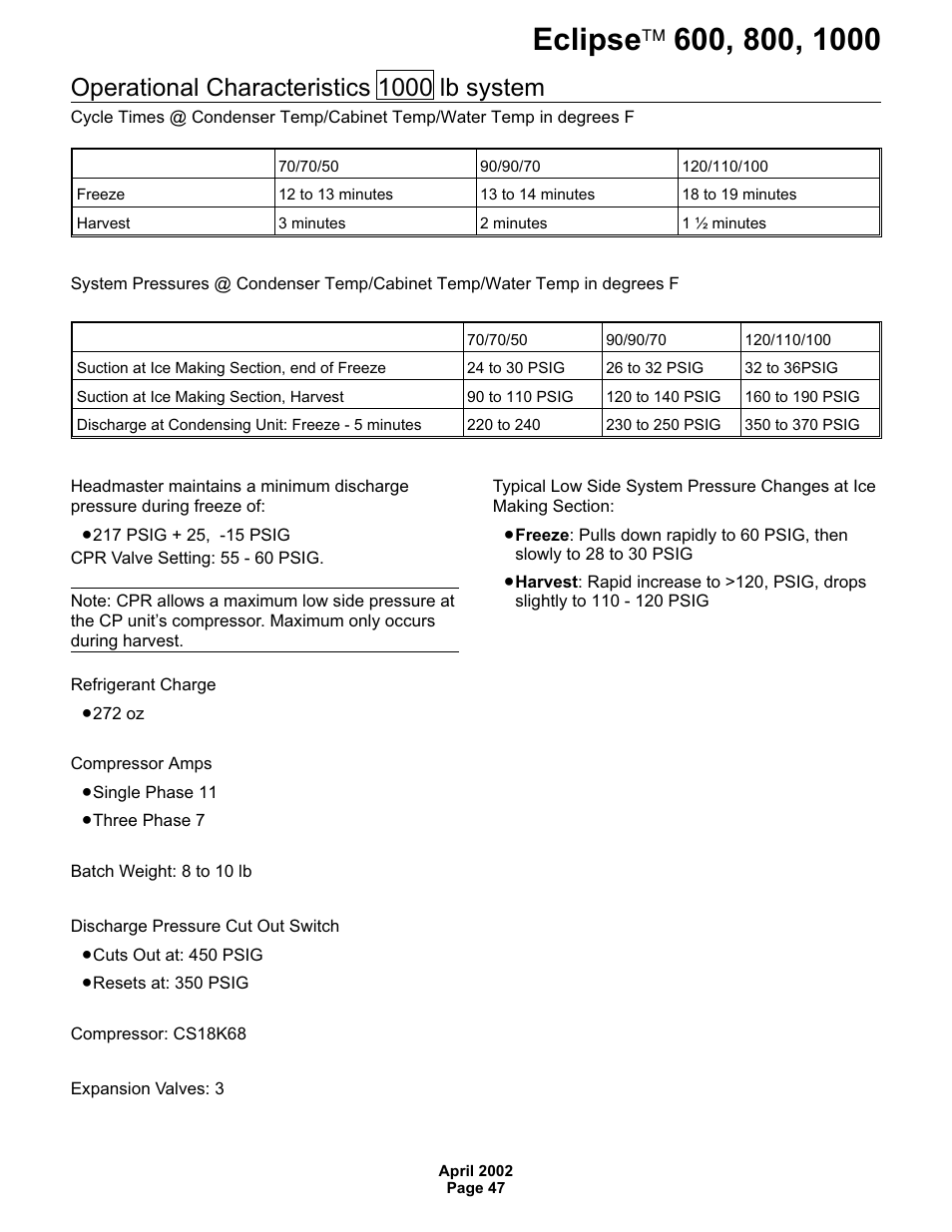 Operational characteristics 1000 lb system | Scotsman 600 Eclipse User Manual | Page 47 / 50