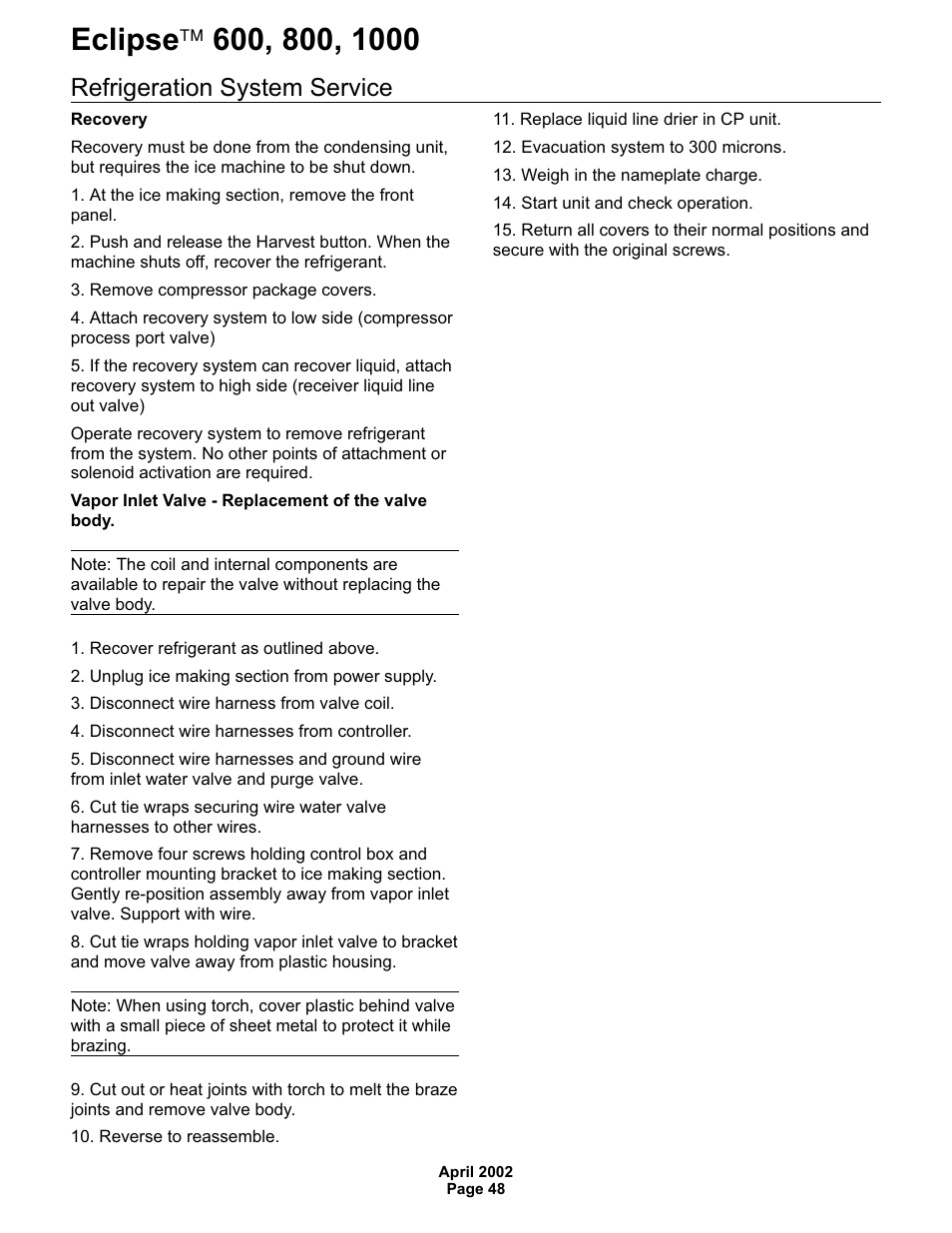 Refrigeration system service | Scotsman 600 Eclipse User Manual | Page 48 / 50