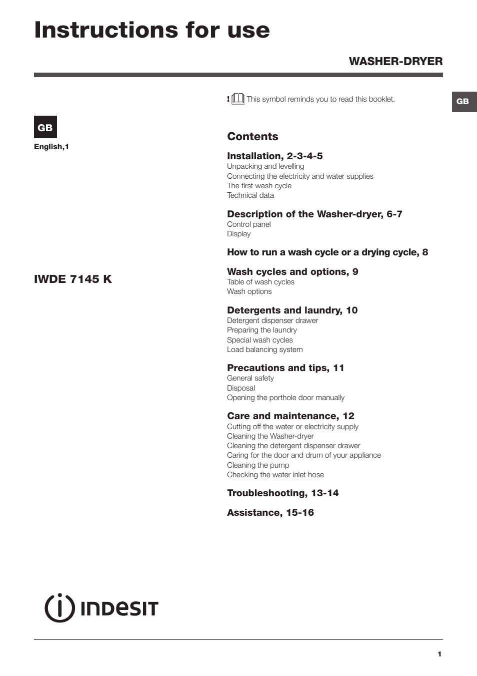 Indesit IWDE 7145 K User Manual | 16 pages