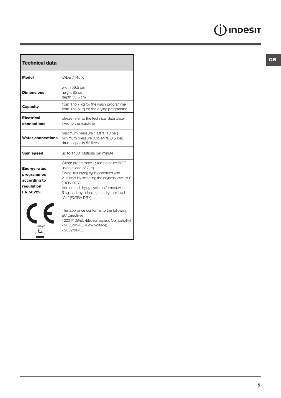 Technical data | Indesit IWDE 7145 K User Manual | Page 5 / 16
