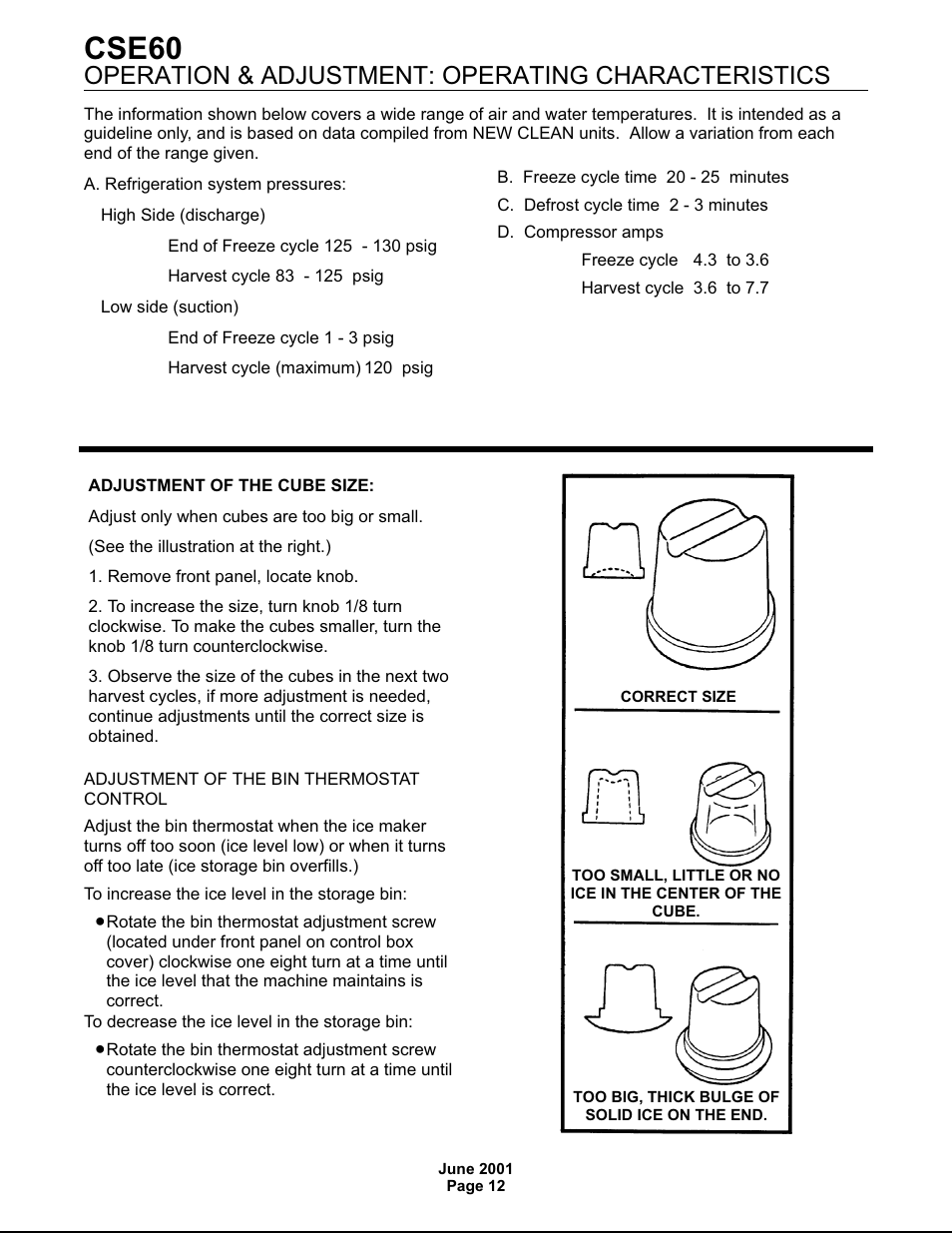 Cse60, Operation & adjustment: operating characteristics | Scotsman CSE60 User Manual | Page 12 / 18