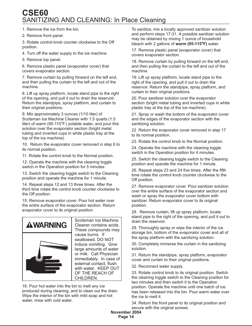 Cse60, Sanitizing and cleaning: in place cleaning | Scotsman CSE60 User Manual | Page 14 / 18