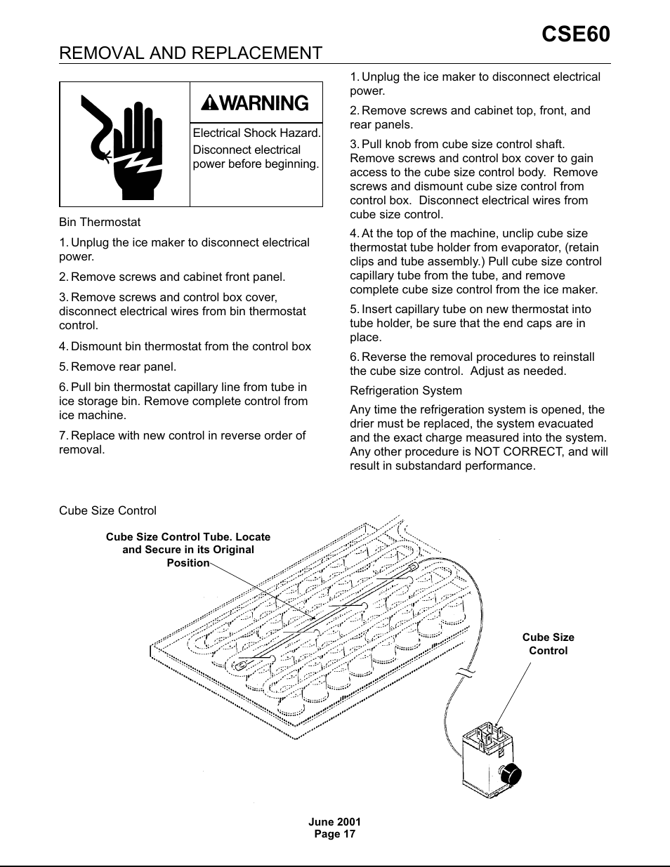 Cse60, Removal and replacement | Scotsman CSE60 User Manual | Page 17 / 18