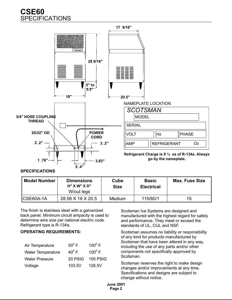 Cse60, Scotsman, Specifications | Scotsman CSE60 User Manual | Page 2 / 18