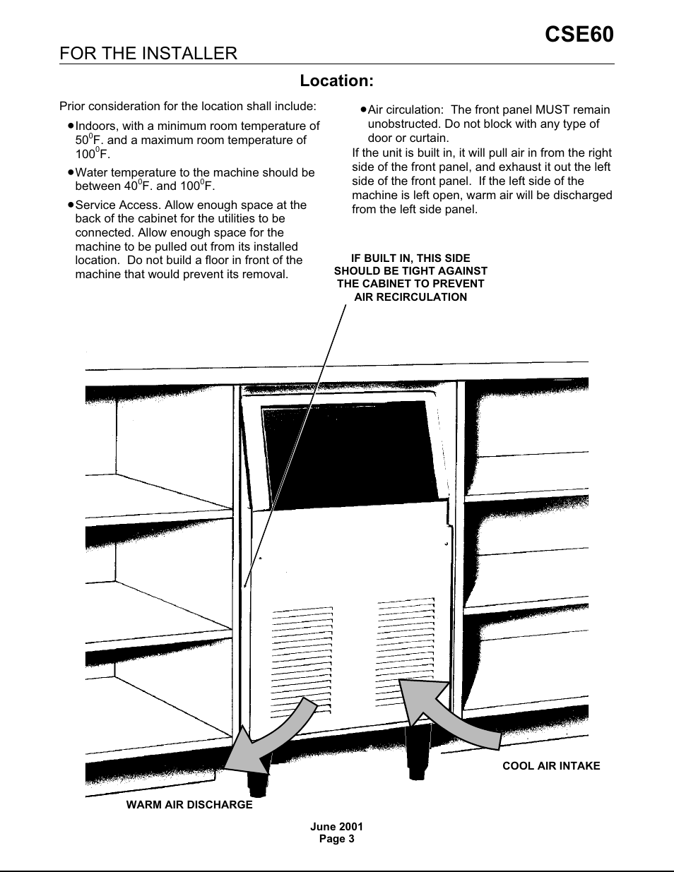 Cse60, For the installer, Location | Scotsman CSE60 User Manual | Page 3 / 18