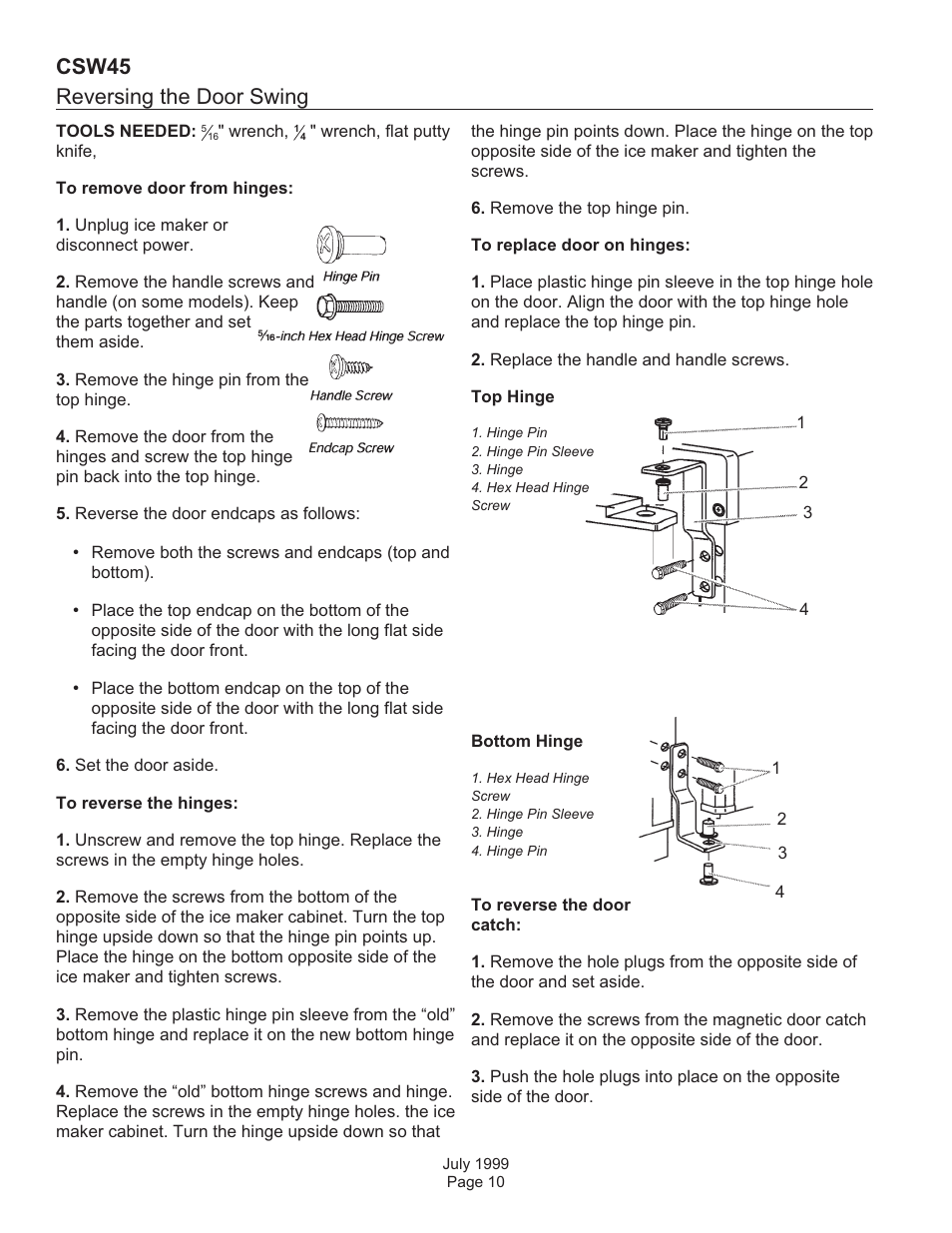 Reversing the door swing, Csw45 | Scotsman CSW45 User Manual | Page 10 / 24