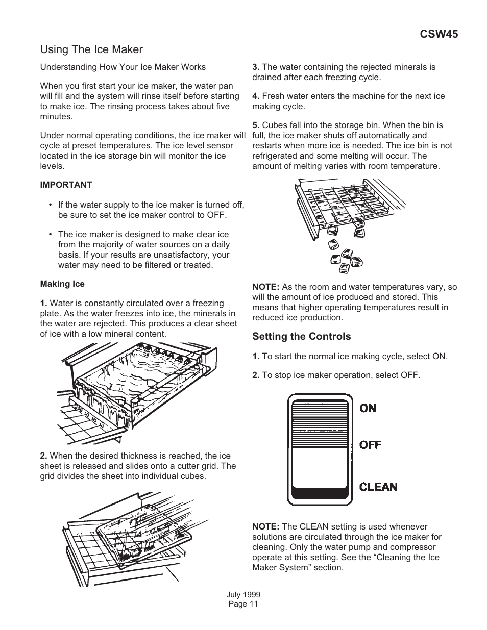 Using the ice maker, Csw45 | Scotsman CSW45 User Manual | Page 11 / 24