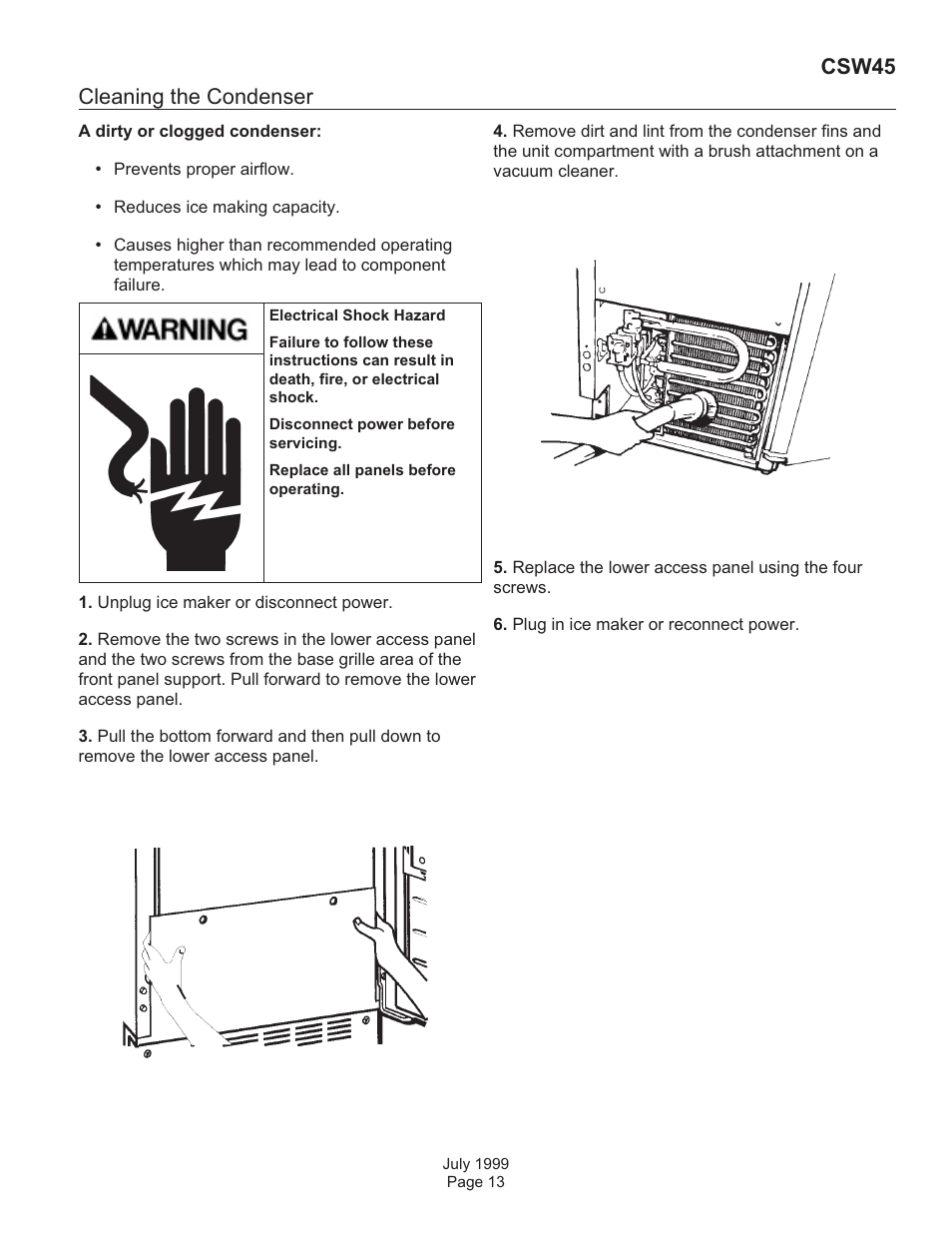 Cleaning the condenser, Csw45 | Scotsman CSW45 User Manual | Page 13 / 24