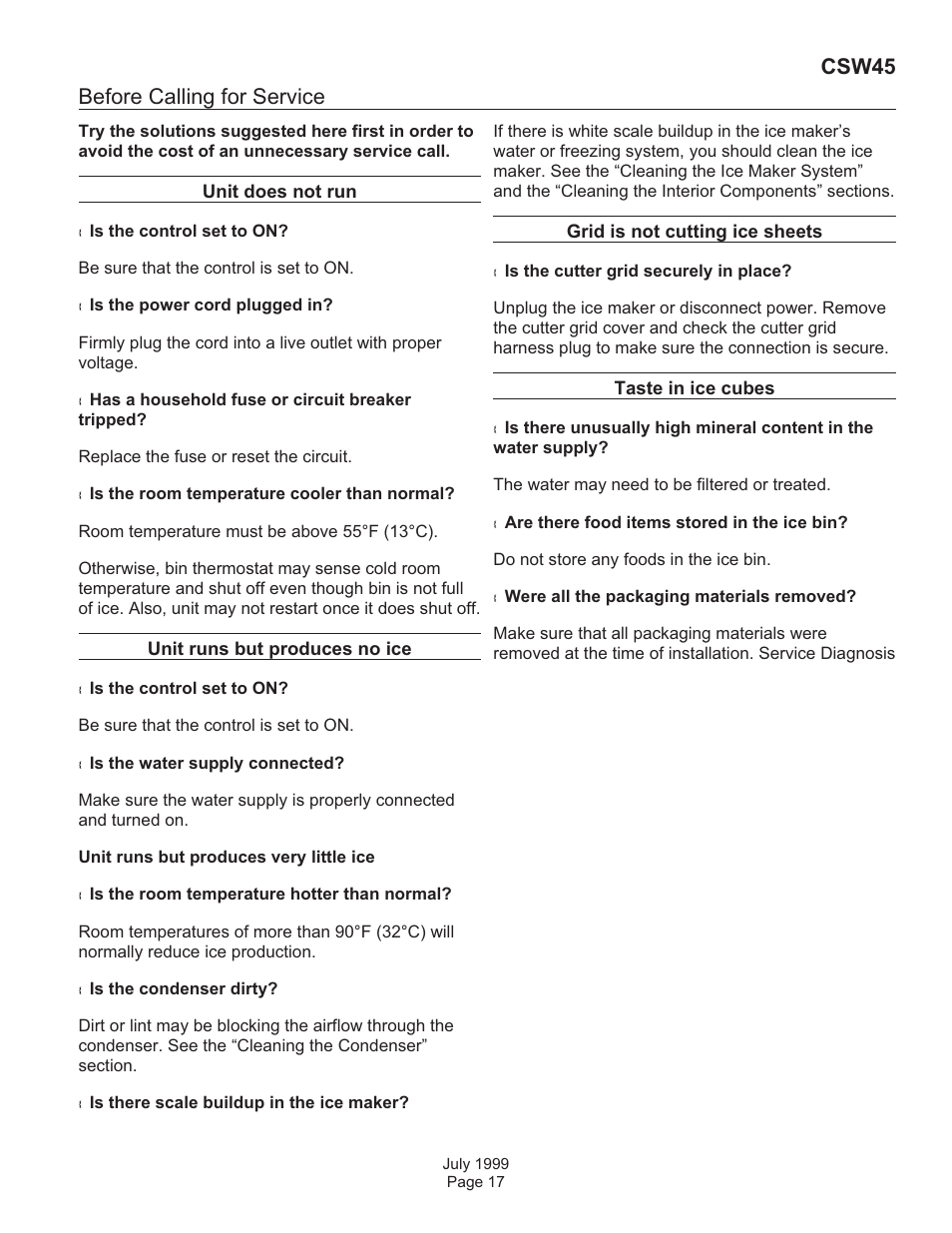 Before calling for service, Csw45 | Scotsman CSW45 User Manual | Page 17 / 24