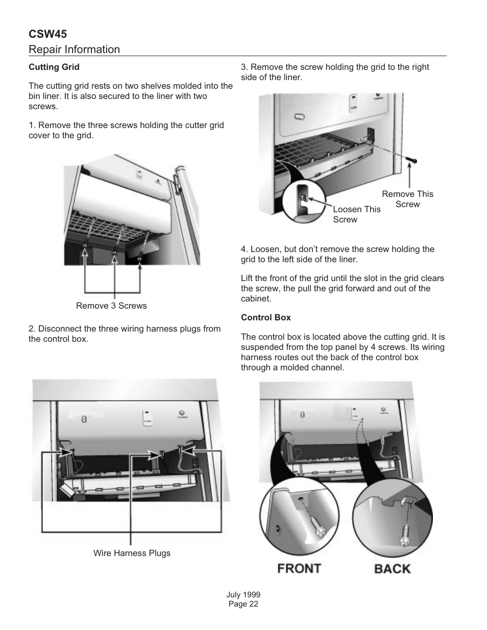 Repair information, Csw45 | Scotsman CSW45 User Manual | Page 22 / 24