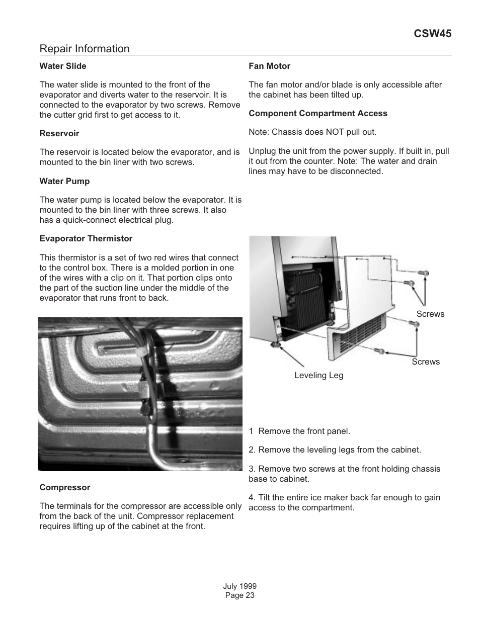 Repair information, Csw45 | Scotsman CSW45 User Manual | Page 23 / 24